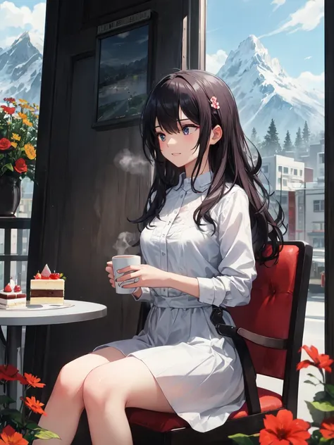 (looking away:1.2),(masterpiece:1.2), (best quality),(ultra detailed),(extremely detailed),(absolutely resolution) ,absurdres,8k, 1girl-drinking-hot-coffee, cafe, city, sitting-on-the-chair, grin, cake, mountain, flowers-pods, windy, 
BREAK,  ultra detaile...