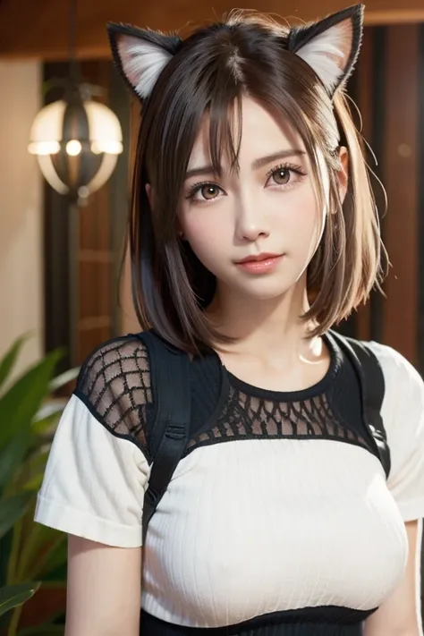 (8k、Photorealistic、Raw photo、highest quality: 1.3)、（real skin）,Beautiful expression、High Detail、超A high resolution、(One Girl)、Super Beauty、(True Face)、(boyish、Natural color very short hair)、Rough chest T-shirt、Captivate your audience、Beautiful breasts、Love...