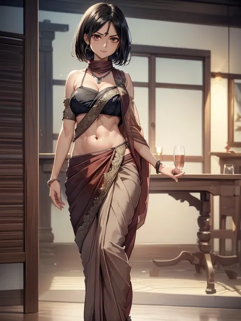 （8k, RAW photos, minino：1.1） ，female，（looki at viewer company），cowboy lens，Japanese，mikasa ackerman / (attack on titan），（fullbody saree：1.1），La Brett Piercing，cleavage，((( saree)))，seductive smile，Be red on the face, full body photo, standing, lean, muscul...