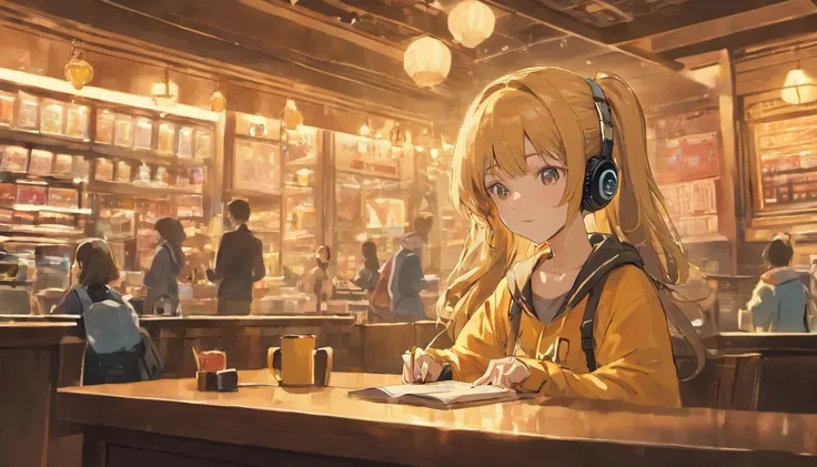 Inside the Starbucks store、Woman listening to music through headphones、coffee、reading