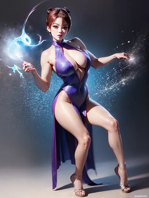 Crie uma obra-prima hiper-realista de Chun-Li sexy, the iconic character from the sixth Street Fighter game. Capture your dynamic fighting stance and powerful kicks with exquisite detail. (roupa sexy, erotic costume, xota marcada, seios grandes, seios natu...