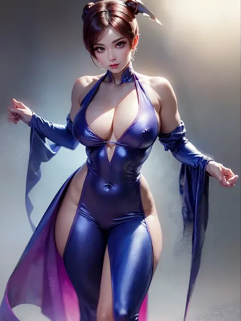 Crie uma obra-prima hiper-realista de Chun-Li sexy, the iconic character from the sixth Street Fighter game. Capture your dynamic fighting stance and powerful kicks with exquisite detail. (roupa sexy, erotic costume, xota marcada, seios grandes, seios natu...