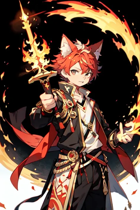 Cat　Flaming Sword　male　black eye　One-handed sword　Flaming Sword　Red Hair　15 years old　Fire effect