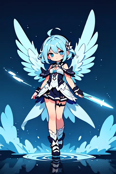 high resolution, best quality, masterpiece, Ultra HD, Ultra HD, illustration, Solitary,Flaving his wings, Her hair is swaying, whole body, Perfect proportion, Shiny light blue hair, 、Bright silver eyes, Happy, Shy