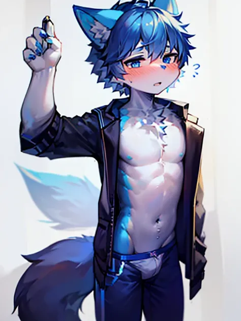 1 boy, Wolf, Blue fur, young people, blue eyes, Messy hair, blue white hair, short hair, masterpiece, Topless，Plain white briefs，blush