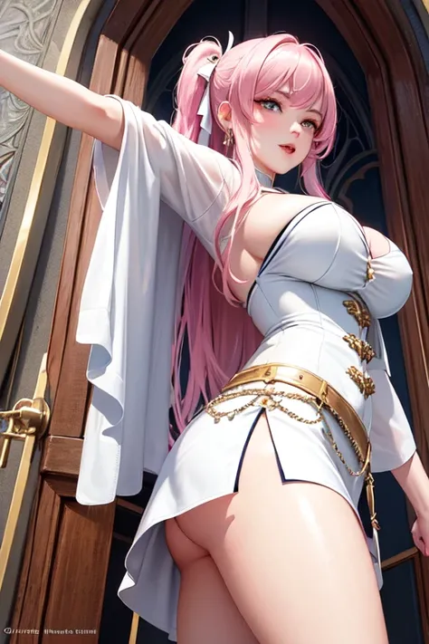 ultra detailed 8k cg, a very sexy woman in a white miniskirt posing from below for a picture, ((from below:1,3)), fantasy style, in a majestic castle, medieval setting  pink panties visable 