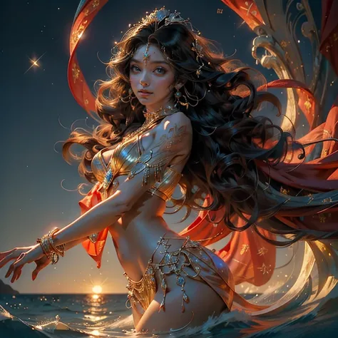 creating a mesmerizing contrast between the tranquility of the Queen and the raw power of the sea. Her body is adorned with intricate, glittering tattoos that burn with an ethereal glow, reflecting the warm hues of the sunset.

The Queens hands are delicat...