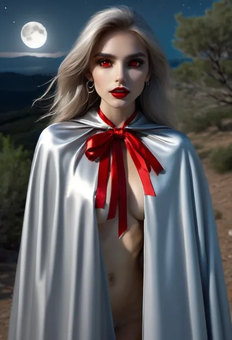 Vampyfangs(RAW Photo) , (highly detailed:1.20) , ultra realistic :1.10) ,sexy girl in her 20s , (perfect face:1.20) , (detailed red eyes:1.20) , with long silver hair in ponytail , (((long silver satin cape tied at the neck with a ribbon :1.20))) , naked  ...