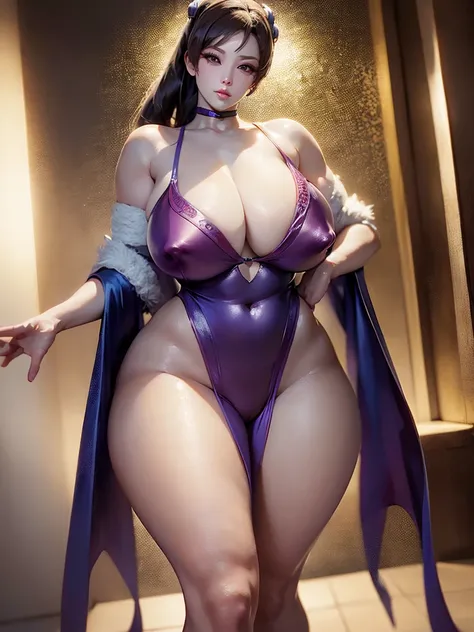 Crie uma obra-prima hiper-realista de Chun-Li sexy, the iconic character from the sixth Street Fighter game. Capture your dynamic fighting stance and powerful kicks with exquisite detail. (roupa sexy, erotic costume, xota marcada, seios grandes, seios natu...