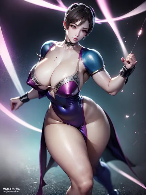 Crie uma obra-prima hiper-realista de Chun-Li sexy, the iconic character from the sixth Street Fighter game. Capture your dynamic fighting stance and powerful kicks with exquisite detail. (roupa sexy, erotic costume, xota marcada, seios grandes, seios natu...