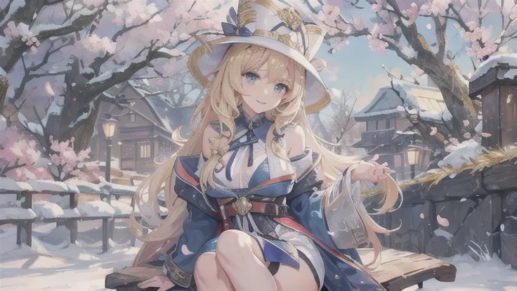 Long blonde,Blue winter coat,Big Breasts,Open chest,Thighs,Shoulder baring,White fluffy on the edge of the coat,woman,Shorts,Fishnet tights,Frog hat,fort,Outdoor,cherry blossoms,magic