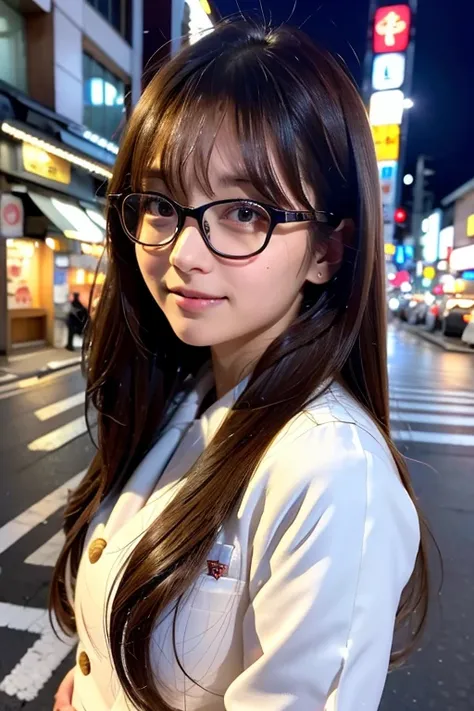 ((highest quality)), ((masterpiece)), (detailed), Perfect Face　Long Hair　bangs　White Uniform　16 years old　Glasses　Tokyo night view　Ameyoko



