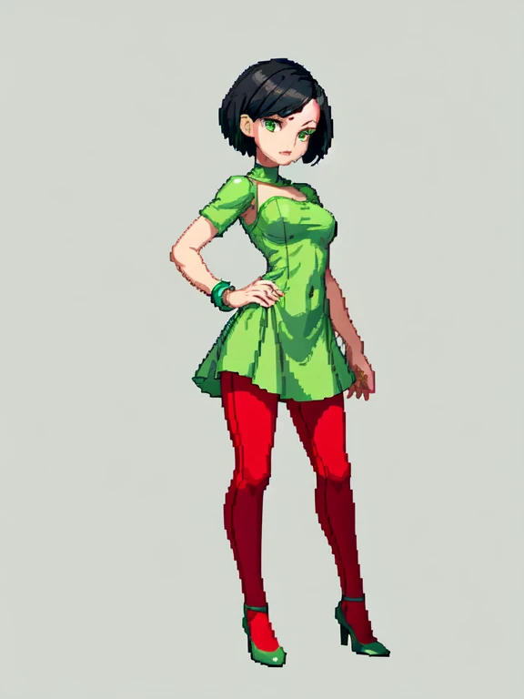 (masterpiece, top quality, best quality), pixel,pixel art,1women,green dress,red shoes,red pants,shortblack hair,full body, 
 