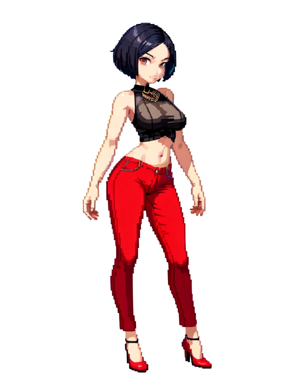 (masterpiece, top quality, best quality), pixel,pixel art,1women,,red shoes,red pants,shortblack hair,full body, 
 