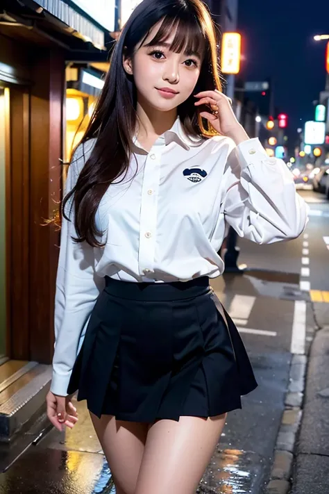 ((highest quality)), ((masterpiece)), (detailed), Perfect Face　Long Hair　bangs　White Uniform　16 years old　Tokyo night view　Ameyoko　Panda　whole body　Knee-length skirt beckoning cat pose

