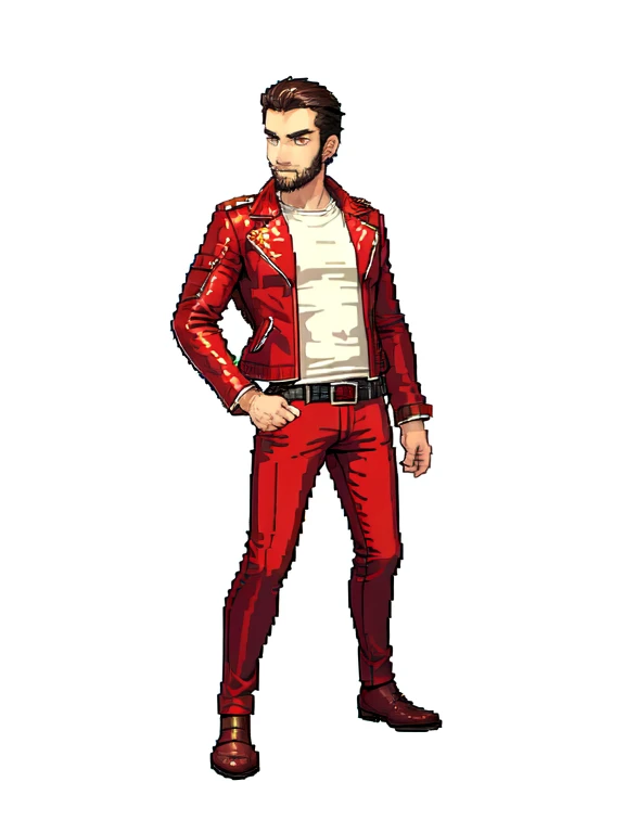 (masterpiece, top quality, best quality), pixel,pixel art,1man,brown shoes,red pants,brown leather jacket,shortblack hair,full body, 
 