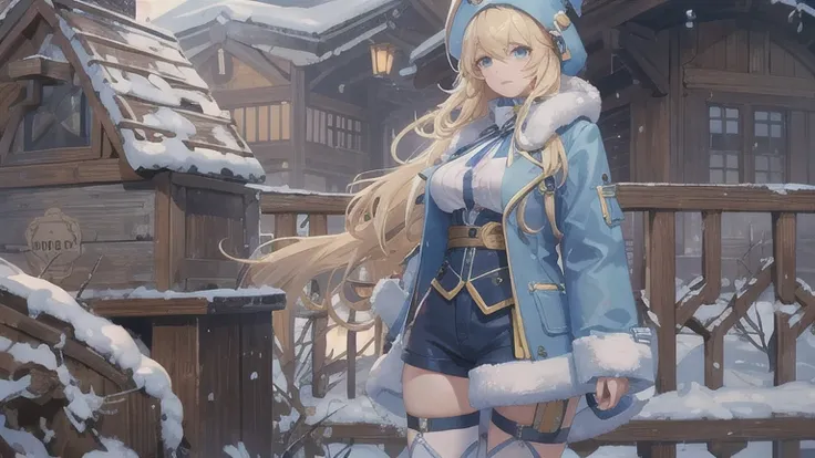 Long blonde,Blue winter coat,Big Breasts,Open chest,Thighs,Shoulder baring,White fluffy on the edge of the coat,woman,Shorts,Fishnet tights,Frog hat,fort,Outdoor,magic