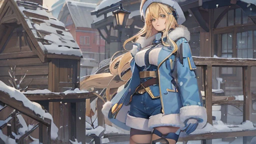 Long blonde,Blue winter coat,Big Breasts,Open chest,Thighs,Shoulder baring,White fluffy on the edge of the coat,woman,Shorts,Fishnet tights,Frog hat,fort,Outdoor,magic