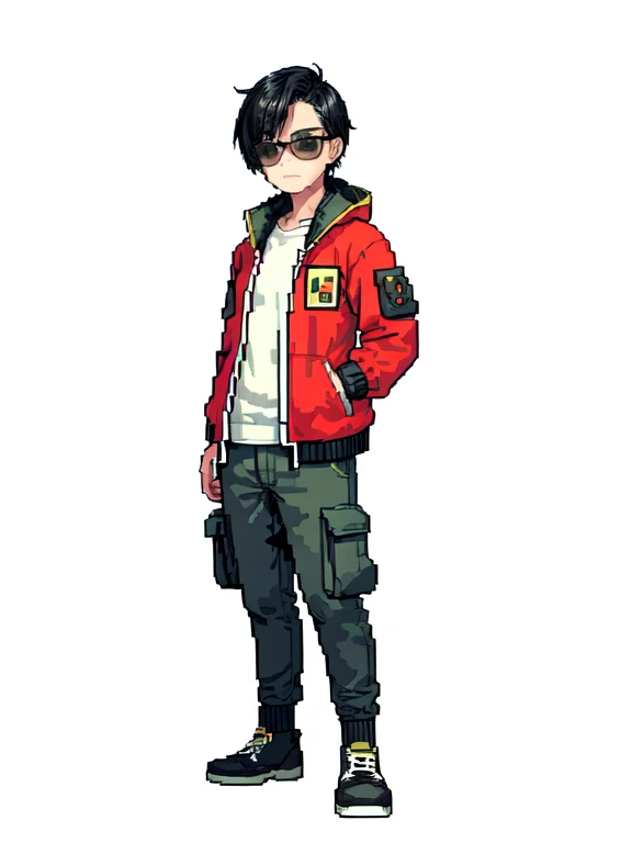 (masterpiece, top quality, best quality), pixel,pixel art,1man,versity jacket,cargo pants,black hair,full body, 
 