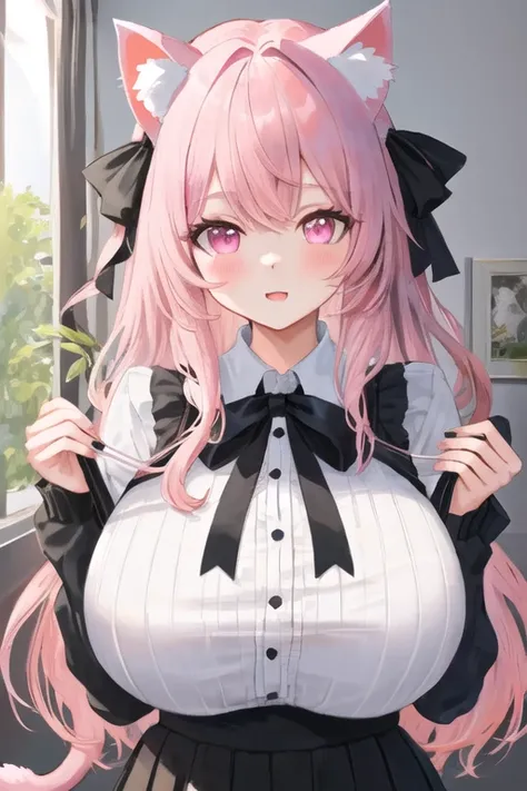 masterpiece, best quality, 1girl, (pink hair long hair, detailed hair, cat ears, pink eyes:1.4), (black hair ribbons:1.3), cute, bedroom, huge breasts