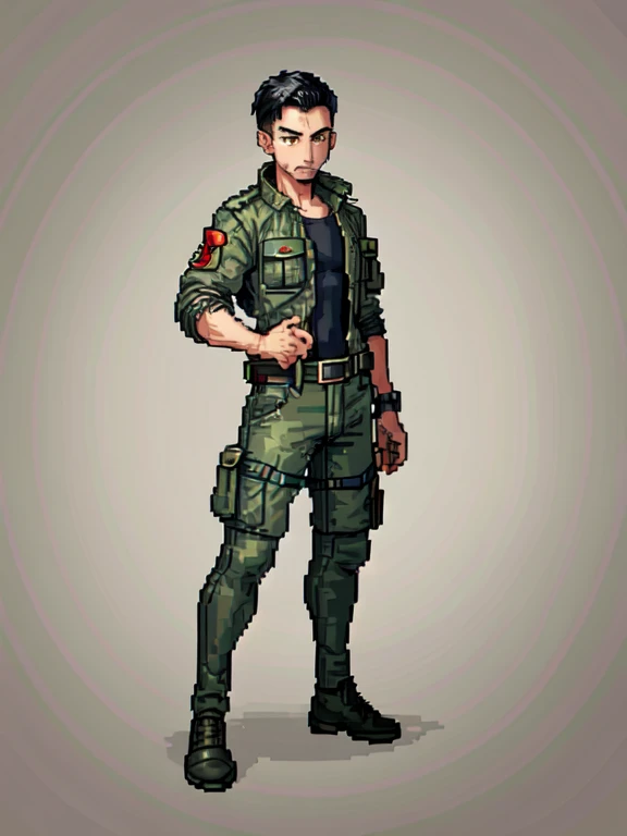 (masterpiece, top quality, best quality), pixel,pixel art,1man,soldier,army,versity jacket,cargo pants,black hair,full body, 
 