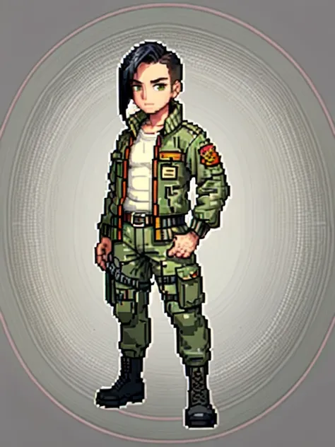 (masterpiece, top quality, best quality), pixel,pixel art,1man,soldier,army,versity jacket,cargo pants,black hair,full body, 
 