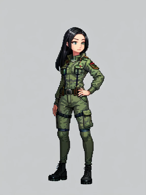 (masterpiece, top quality, best quality), pixel,pixel art,1girl,soldier,army,versity jacket,cargo pants,black hair,full body, 
 