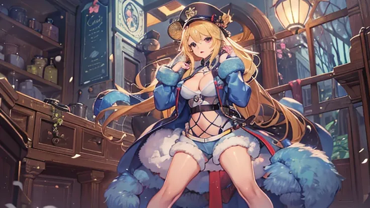 Long blonde,Blue winter coat,Big Breasts,Open chest,Thighs,Shoulder baring,White fluffy on the edge of the coat,woman,Shorts,Fishnet tights,Frog hat,fort,indoor,magic