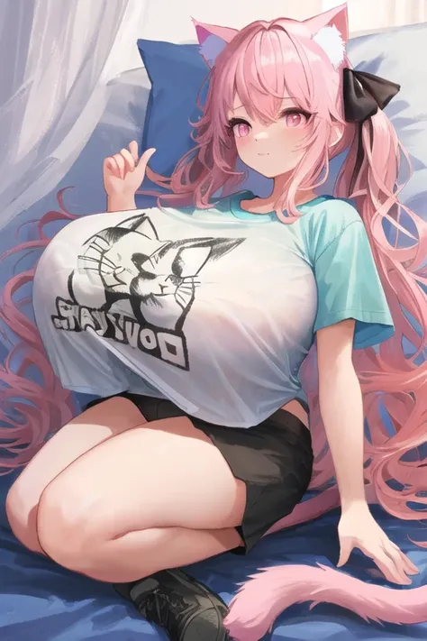 masterpiece, best quality, 1girl, (pink hair long hair, detailed hair, cat ears, pink eyes:1.4), (black hair ribbons:1.3), cute, bedroom, (t-shirt, boxers:1.3), (topheavy, gigantic breasts:1.2)