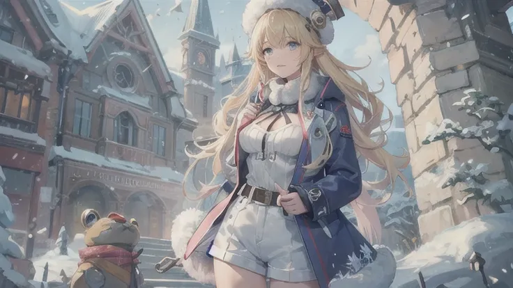 Long blonde,Blue winter coat,Big Breasts,Open chest,Thighs,Shoulder baring,White fluffy on the edge of the coat,woman,Shorts,Fishnet tights,Frog hat,fort,sunny,magic