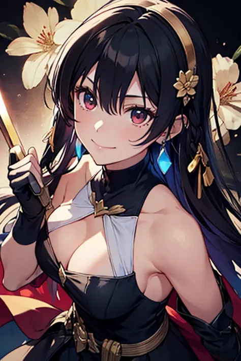 yor briar, anime style beutiful woman, 1girl, happy, smile, with sparkling eyes and a contagious smile:1.1),looking at viewer,red face, closed mouth, beautiful detailed eyes, super detailed skin, backlighting, bare shoulders, black background, black dress,...