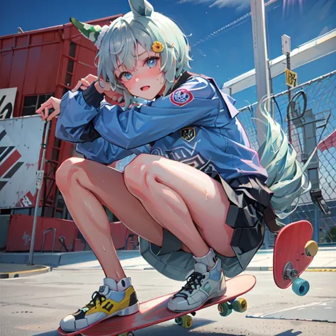 high quality,hd,16k,sharp line, Seiun Sky (umamusume),1girl,female skateboard athlete ,cute face, large breasts, nice legs,hold a skateboard, sweat,in skateboard venue,focus girl,detailed beautiful face,detailed clothes,beautiful eyes,pretty,dynamic angle