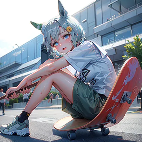 high quality,hd,16k,sharp line, Seiun Sky (umamusume),1girl,female skateboard athlete ,cute face, large breasts, nice legs,hold a skateboard, sweat,in skateboard venue,focus girl,detailed beautiful face,detailed clothes,beautiful eyes,pretty,dynamic angle