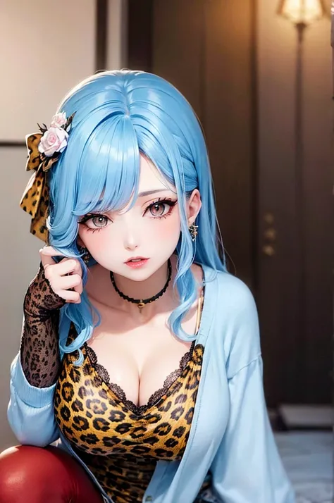 Light blue hair　Wave Perm　Golden Eyes　Heavy makeup　Red lipstick　woman　30 years old　Leopard print clothes