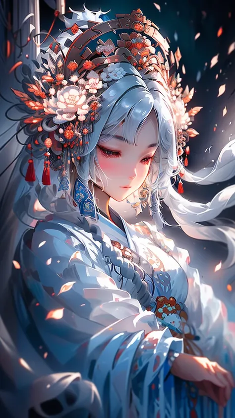 Picture a close-up of a woman, her white hair cascading down in soft waves, framing a face that bears the serene expression of a white-haired deity. A white mask covers her eyes, adding an air of mystery to her already enchanting presence. This beautiful c...