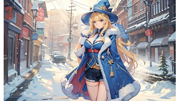 Long blonde,Blue winter coat,Big Breasts,Open chest,Thighs,Shoulder baring,White fluffy on the edge of the coat,woman,Shorts,Fishnet tights,Frog Eyeball Hat,fort,sunny,magic
