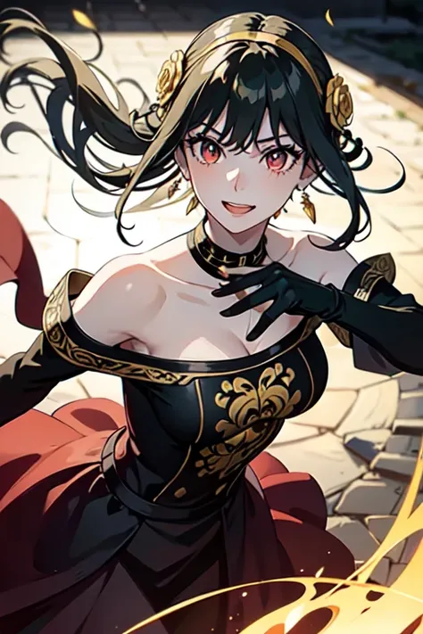 yor briar(spy family), anime style beutiful woman, 1girl, happy, smile, red face, closed mouth, beautiful detailed eyes, super detailed skin, backlighting, bare shoulders, black background, black dress, black gloves, black hair, breasts, dress, earrings, f...