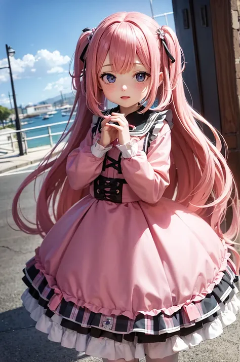 Pink Hair　Wavy Long Twin Tail　Blue Eyes　Heart Hair Ornament　pink cheeks　Pink lolita dress　Girl　White ribbon