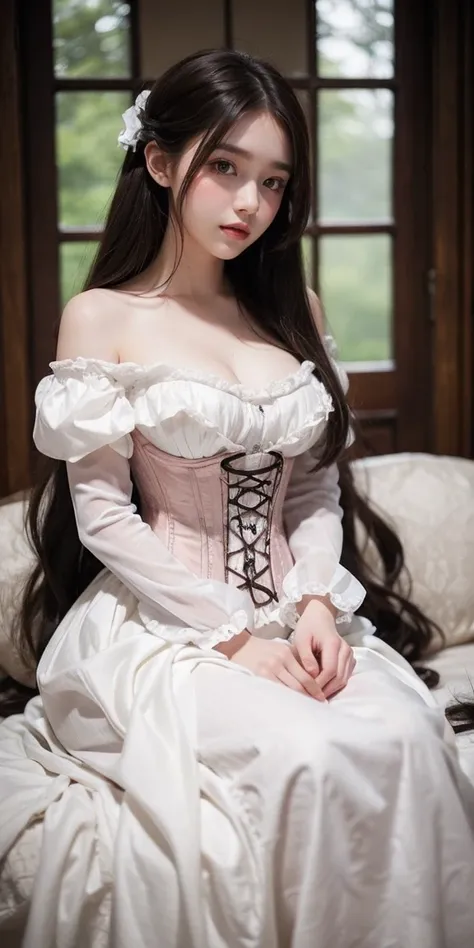 beautiful, charming, natural girl, makeup, beautiful girl, Renaissance woman, corset dress, blushing cheek, soft focus, manor backdrop