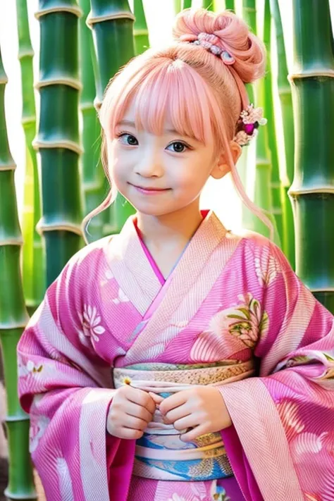 Princess Sasago、Japanese style、kimono、cute、Pink hair、Hair in a bun、kimonoは赤、１０Children of about the age、Holding a bamboo leaf