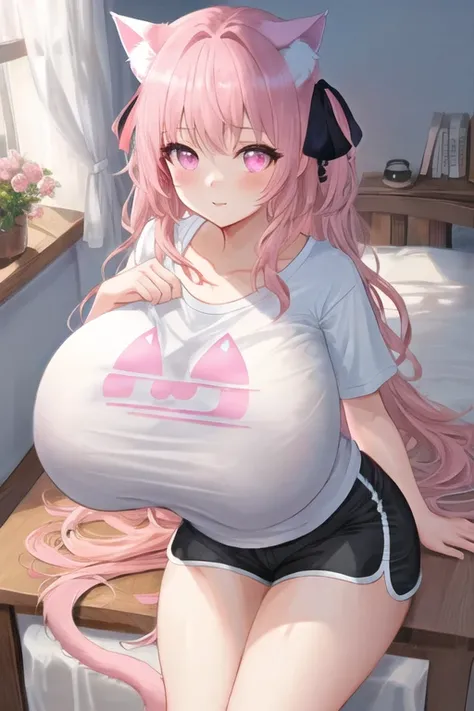 masterpiece, best quality, 1girl, (pink hair long hair, detailed hair, cat ears, pink eyes:1.3), cute, bedroom, (black hair ribbons, t-shirt, tight shorts:1.3), (gigantic breasts:1.1)