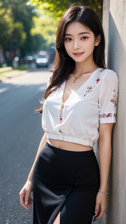 an amazingly beautiful asian girl, graceful, fashionably dressed, perfect face, long black hair, rosy cheeks, lovely detailed eyes, beautiful sexy lips, bright smile bright, shiny jewelry on the ears, A diamond necklace on the neck, an elegant tattoo on th...