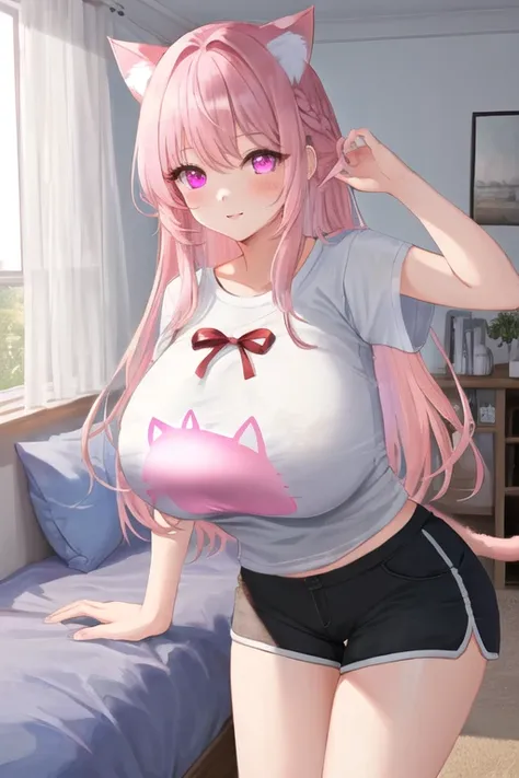 masterpiece, best quality, 1girl, (pink hair, long hair, detailed hair, cat ears, pink eyes:1.3), cute, bedroom, (black hair ribbons, t-shirt, shorts:1.2), (gigantic breasts:1.1)