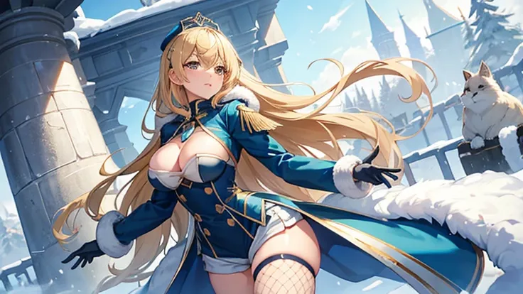 Long blonde,Blue winter coat,Big Breasts,Open chest,Thighs,Shoulder baring,White fluffy on the edge of the coat,woman,Shorts,Fishnet tights,Frog,fort,sunny,