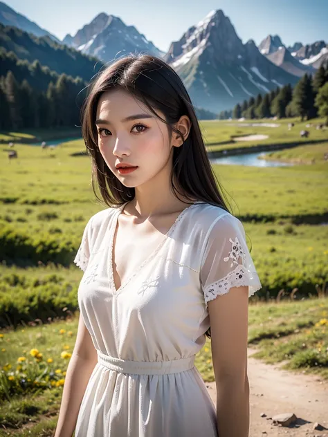 best quality,HDR,UHD,8K,Vivid Colors,solo,photo_,(1girl:1.3),(standing:1.3),sun,(sunshine:1.2),(looking at viewer:1.4),Elegant,detailed gorgeous face,(mountain background:1.3),river,(cowboy shot:1.4),rc,dress,