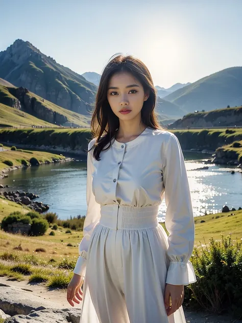 best quality,HDR,UHD,8K,Vivid Colors,solo,photo_,(1girl:1.3),(standing:1.3),sun,(sunshine:1.2),(looking at viewer:1.4),Elegant,detailed gorgeous face,(mountain background:1.3),river,(cowboy shot:1.4),rc,dress,