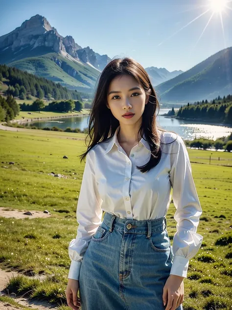 best quality,HDR,UHD,8K,Vivid Colors,solo,photo_,(1girl:1.3),(standing:1.3),sun,(sunshine:1.2),(looking at viewer:1.4),Elegant,detailed gorgeous face,(mountain background:1.3),river,(cowboy shot:1.4),rc,dress,