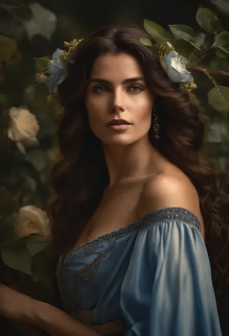 young and beautiful woman like Deborah Secco indigo blue roses in her hair, symmetrical, perfect, well detailed face, long black hair, slightly curly, flowers in the hair, small specters of light around as if playing, nude, naked, no clothes, breasts expos...