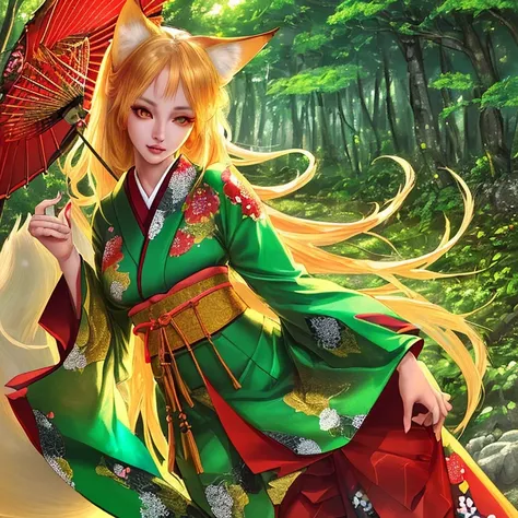 best quality,ultra-detailed,realistic,photorealistic:1.37,Kitsune girl,beautiful detailed eyes,beautiful detailed lips,long eyelashe,red fox ears and tail,traditional Japanese kimono,serene expression,lush green forest background,vibrant colors,soft natura...