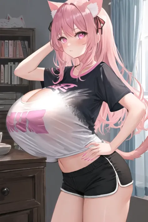 masterpiece, best quality, 1girl, (pink hair, long hair, detailed hair, cat ears, pink eyes:1.3), cute, bedroom, (black hair ribbons, t-shirt, shorts:1.2), (gigantic breasts bigger than body, bursting breasts:1.2)